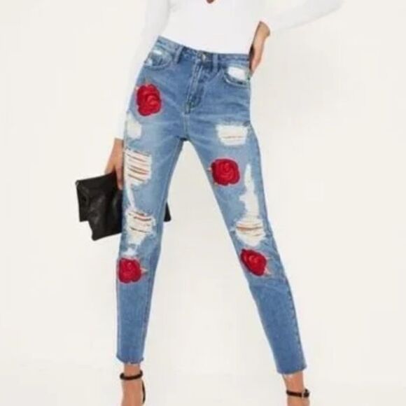 Missguided Denim - Misguided Blue Riot Embroidered Red Rose Distressed Mom Woman’s Jeans Sz 10